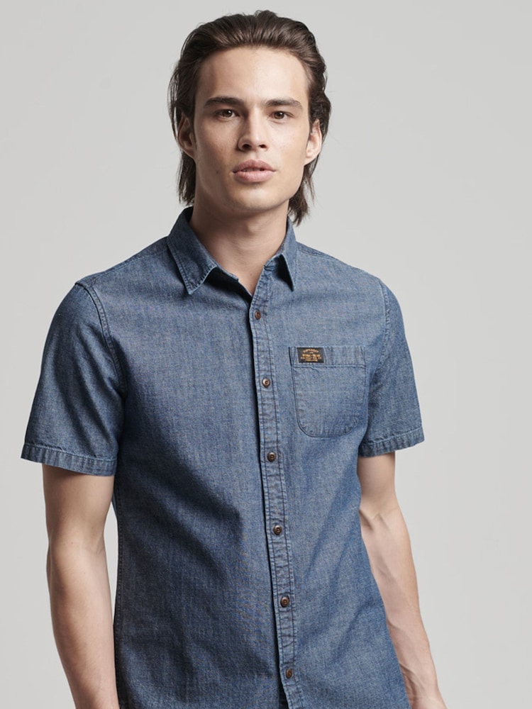 Superdry Blue Vintage Loom Short Sleeve 100% Cotton Shirt - Image 1 of 4