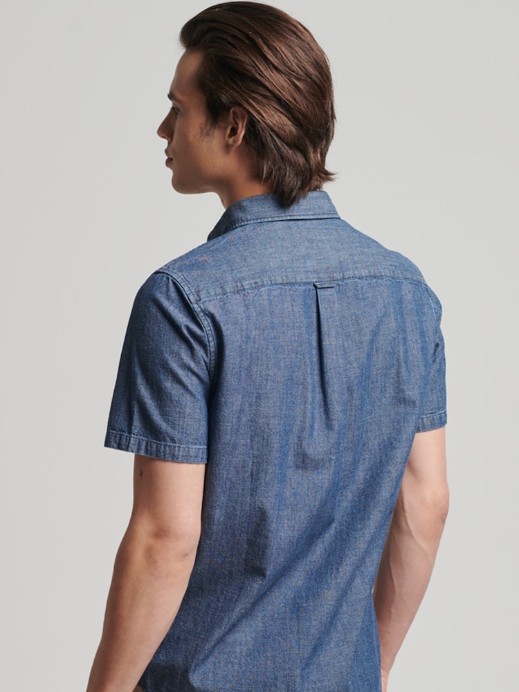 Superdry Blue Vintage Loom Short Sleeve 100% Cotton Shirt - Image 2 of 4