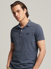Superdry Blue Grey Marl Classic Pique 100% Cotton Polo Shirt - Image 1 of 3