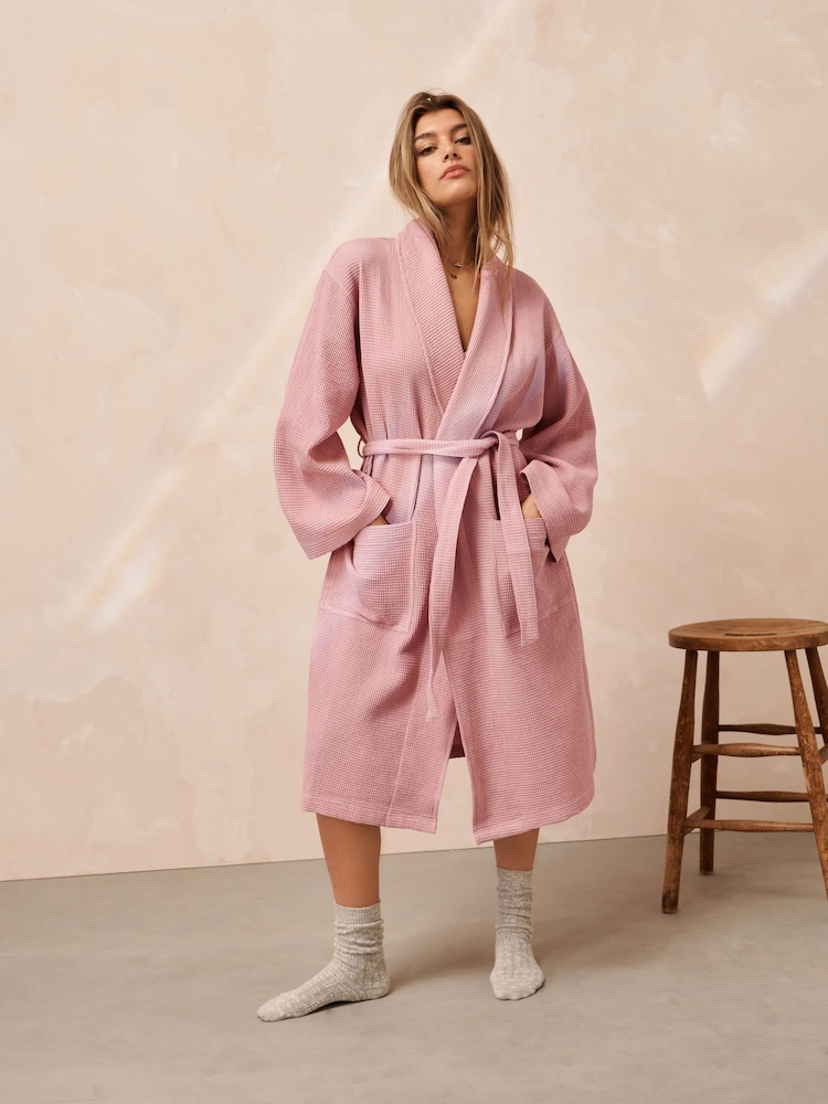 Pink 100% Cotton Waffle Dressing Gown - Image 2 of 7