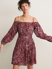 Brown Floral Print Strappy Bardot Mini Dress - Image 1 of 5