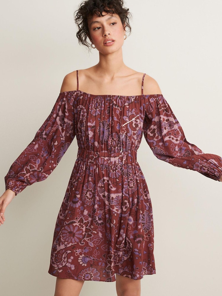 Brown Floral Print Strappy Bardot Mini Dress - Image 1 of 5