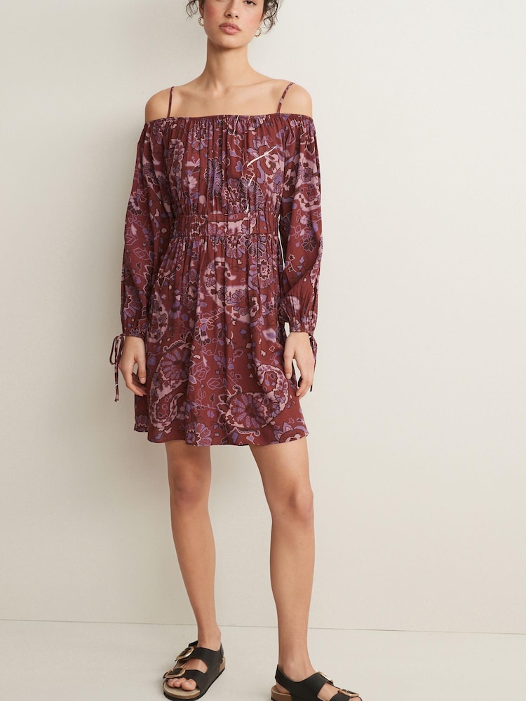 Brown Floral Print Strappy Bardot Mini Dress - Image 2 of 5