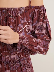 Brown Floral Print Strappy Bardot Mini Dress - Image 4 of 5