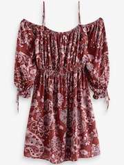 Brown Floral Print Strappy Bardot Mini Dress - Image 5 of 5