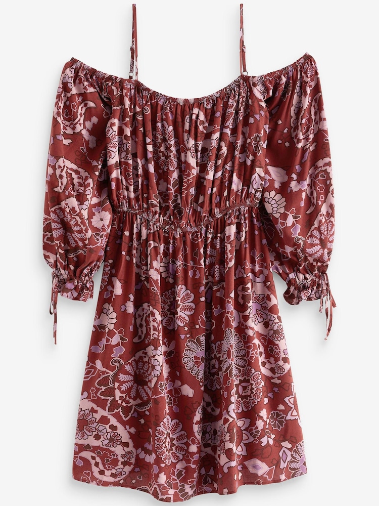 Brown Floral Print Strappy Bardot Mini Dress - Image 5 of 5