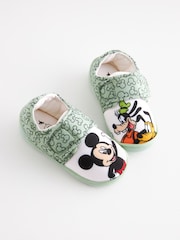 Mickey Mouse Green/Ecru Cream Touch Fastening Cupsole Print Slippers - Image 1 of 5