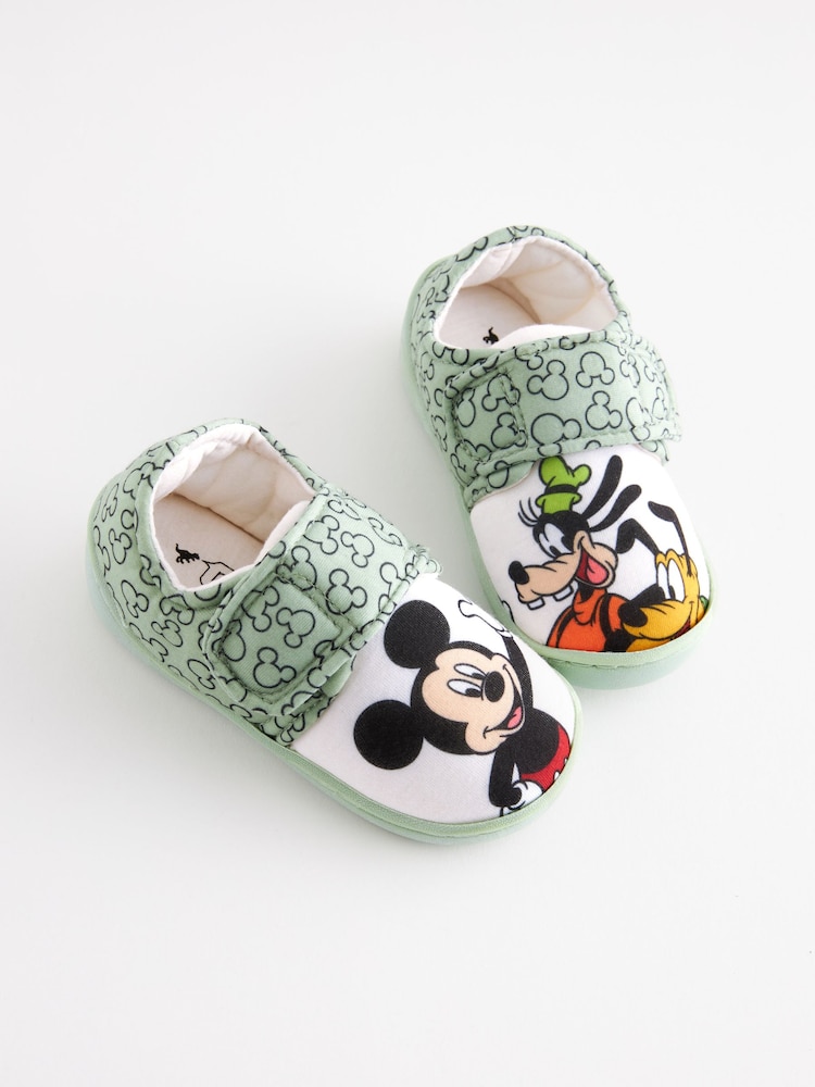 Mickey Mouse Green/Ecru Cream Touch Fastening Cupsole Print Slippers - Image 1 of 5