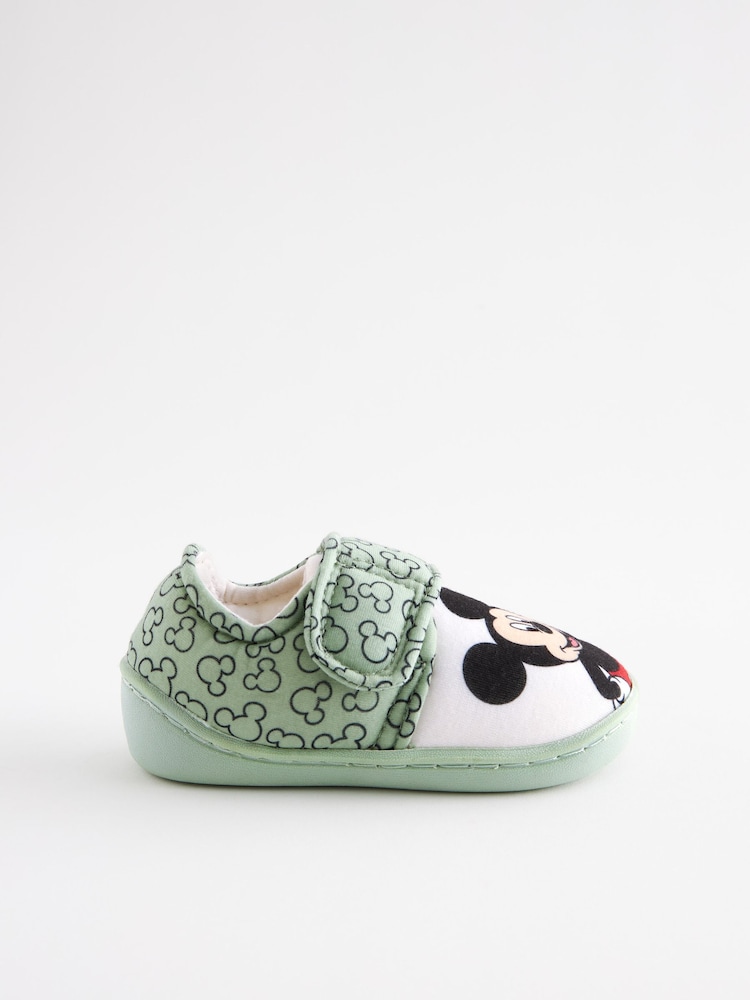 Mickey Mouse Green/Ecru Cream Touch Fastening Cupsole Print Slippers - Image 2 of 5