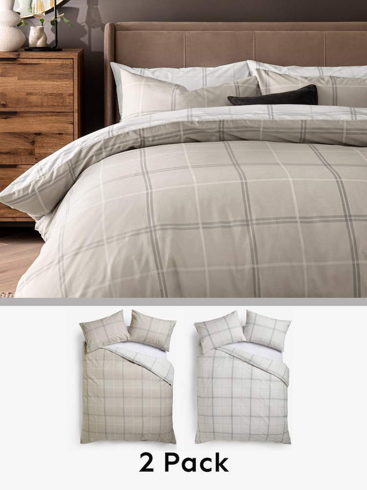2 Pack Natural Beige/White Check Reversible Duvet Cover and Pillowcase Set - Image 10 of 10