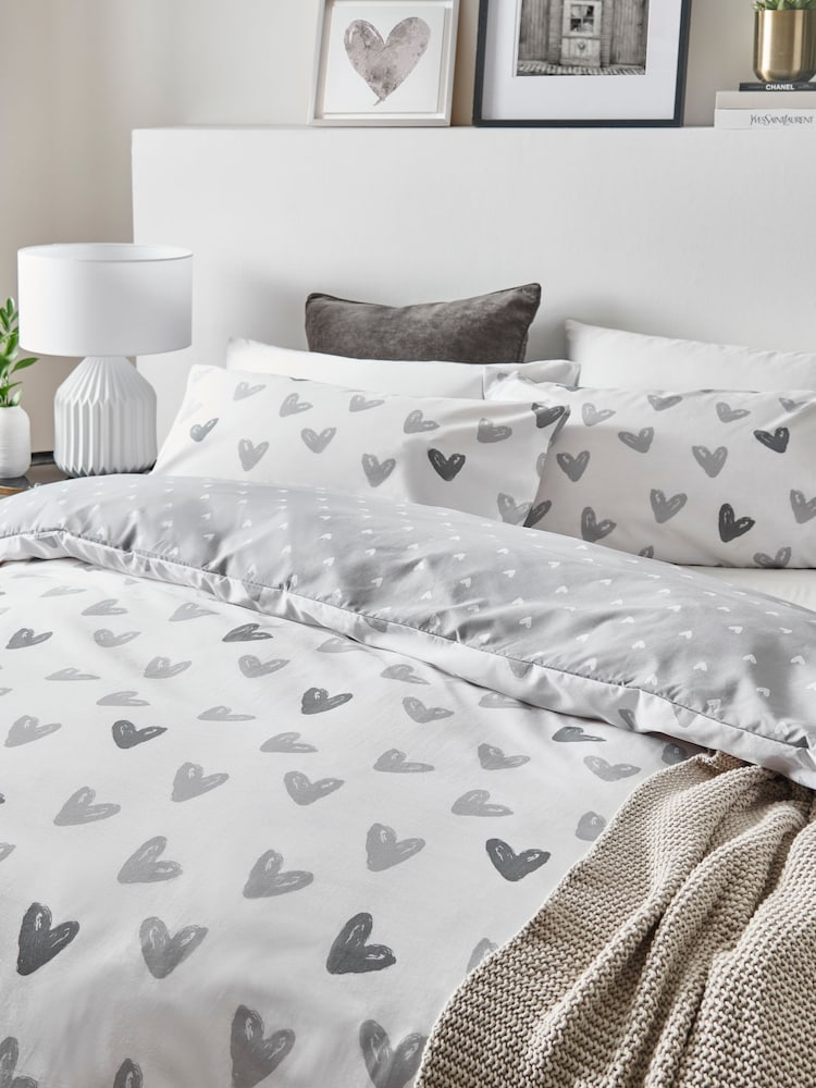 Grey Heart Reversible Duvet Cover and Pillowcase Set - Image 2 of 4 Grey Heart Reversible Duvet Cover and Pillowcase Set - Image 2 of 4