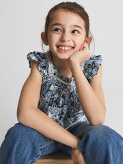 Reiss Blue Print Blake Junior Ruffle Shoulder Top - Image 1 of 1