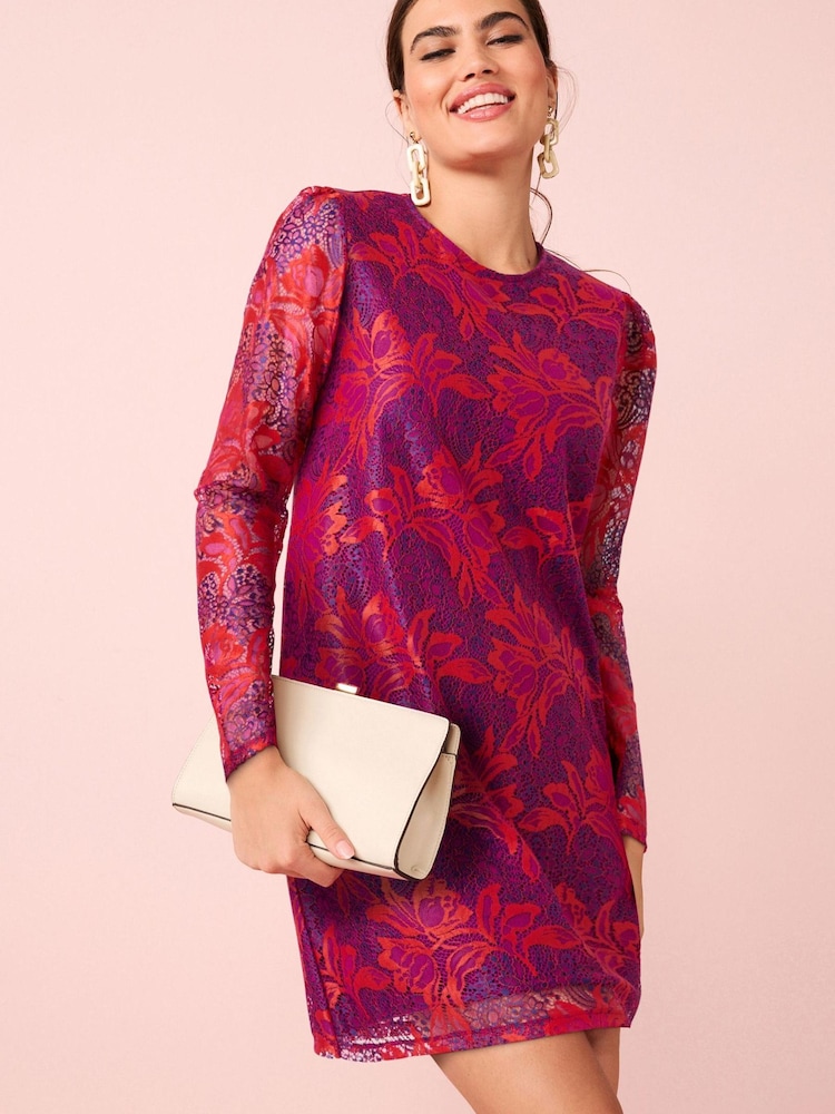 Pink Floral Print Lace Long Sleeve Mini Dress - Image 1 of 5