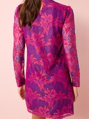 Pink Floral Print Lace Long Sleeve Mini Dress - Image 2 of 5