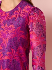 Pink Floral Print Lace Long Sleeve Mini Dress - Image 4 of 5