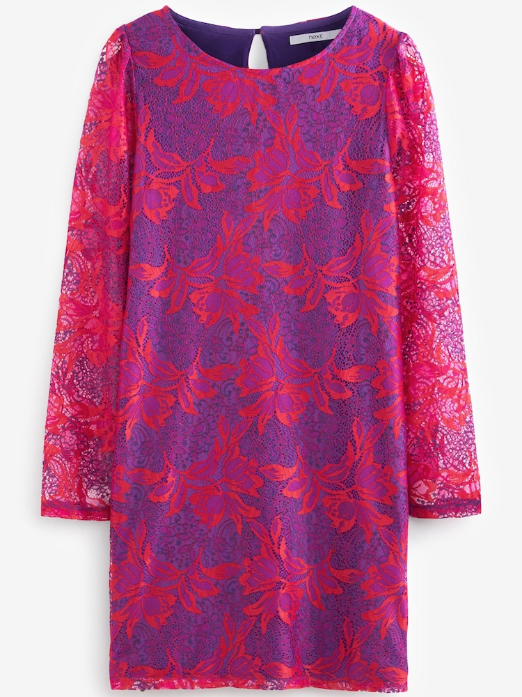 Pink Floral Print Lace Long Sleeve Mini Dress - Image 5 of 5