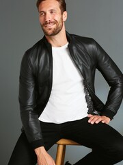 Black Signature Leather Funnel Neck Jacket - Image 1 of 7