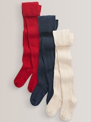 Red/Navy Blue/Cream Cotton Rich Cable Tights 3 Pack - Image 1 of 4