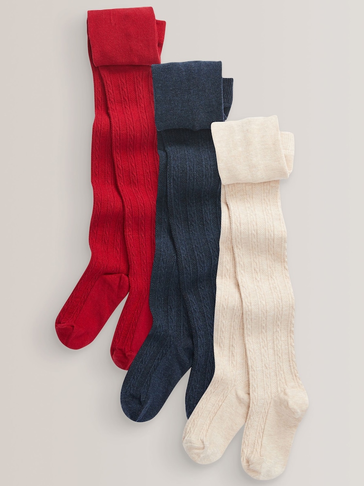 Red/Navy Blue/Cream Cotton Rich Cable Tights 3 Pack - Image 1 of 4