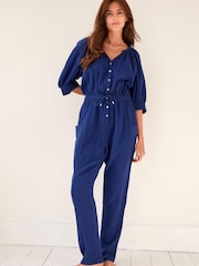 Marineblau/blau - Overall aus Baumwolle in Knitteroptik - Bild 2 von 8