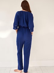 Marineblau/blau - Overall aus Baumwolle in Knitteroptik - Bild 3 von 8