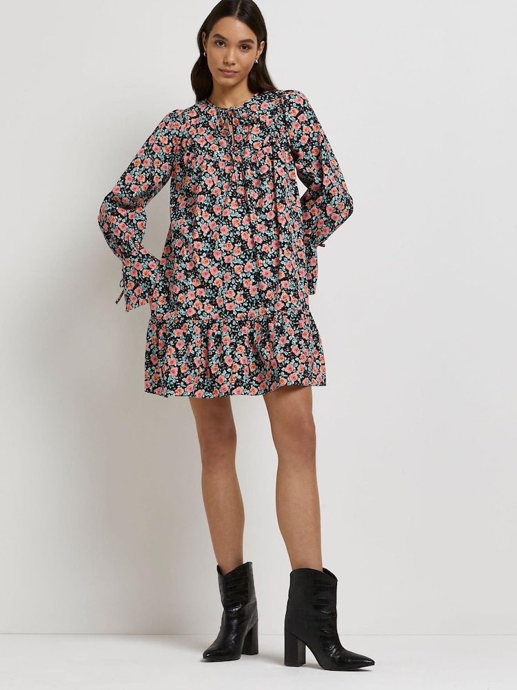 River Island Black Floral Tie Neck Smock Mini Dress - Image 1 of 4