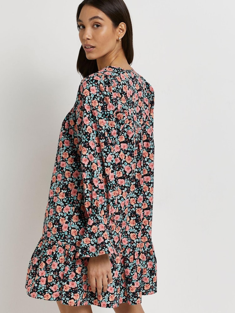River Island Black Floral Tie Neck Smock Mini Dress - Image 2 of 4