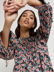 River Island Black Floral Tie Neck Smock Mini Dress - Image 3 of 4