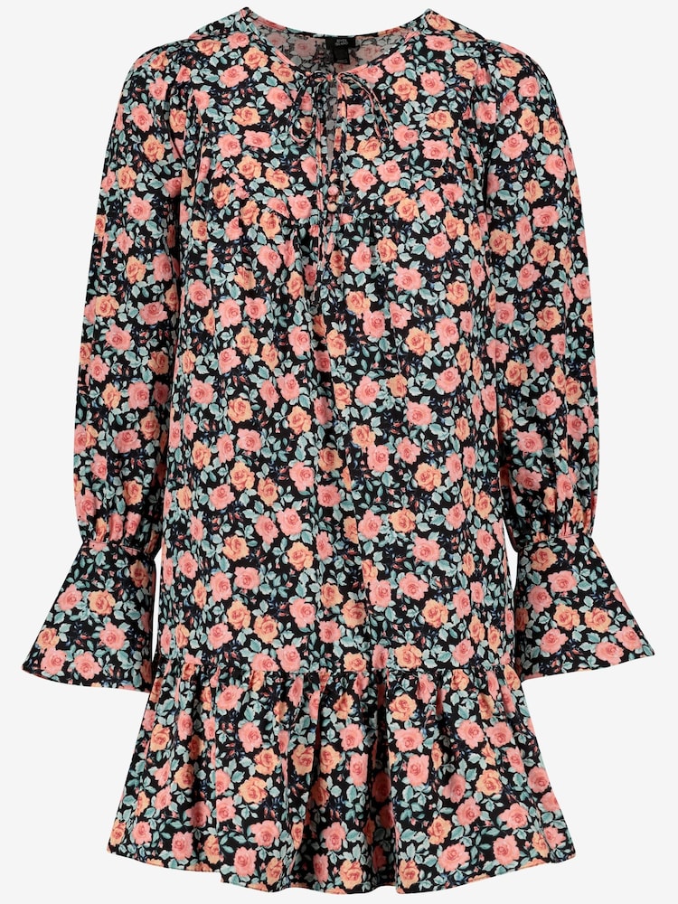 River Island Black Floral Tie Neck Smock Mini Dress - Image 4 of 4