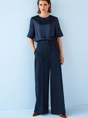 Navy Blue Stripe Tailored Wide Leg Turn Up Trousers - Image 1 of 1