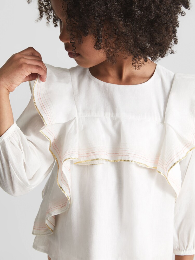 Reiss White Nellie Junior Ruffle Shoulder Blouse - Image 1 of 1 Reiss White Nellie Junior Ruffle Shoulder Blouse - Image 1 of 1