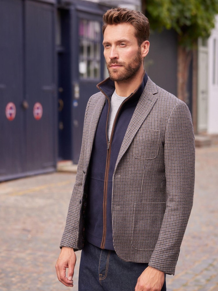 Brown Dogtooth Slim Fit Nova Fides Wool Blend Formal Jacket - Image 1 of 13