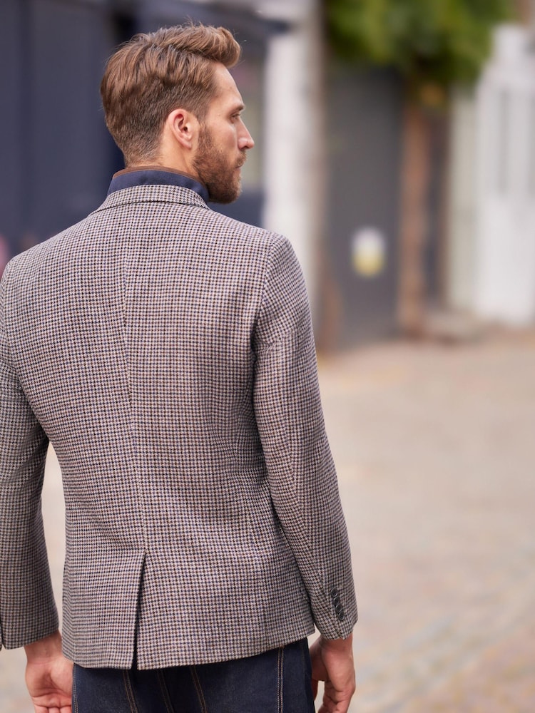Brown Dogtooth Slim Fit Nova Fides Wool Blend Formal Jacket - Image 2 of 13