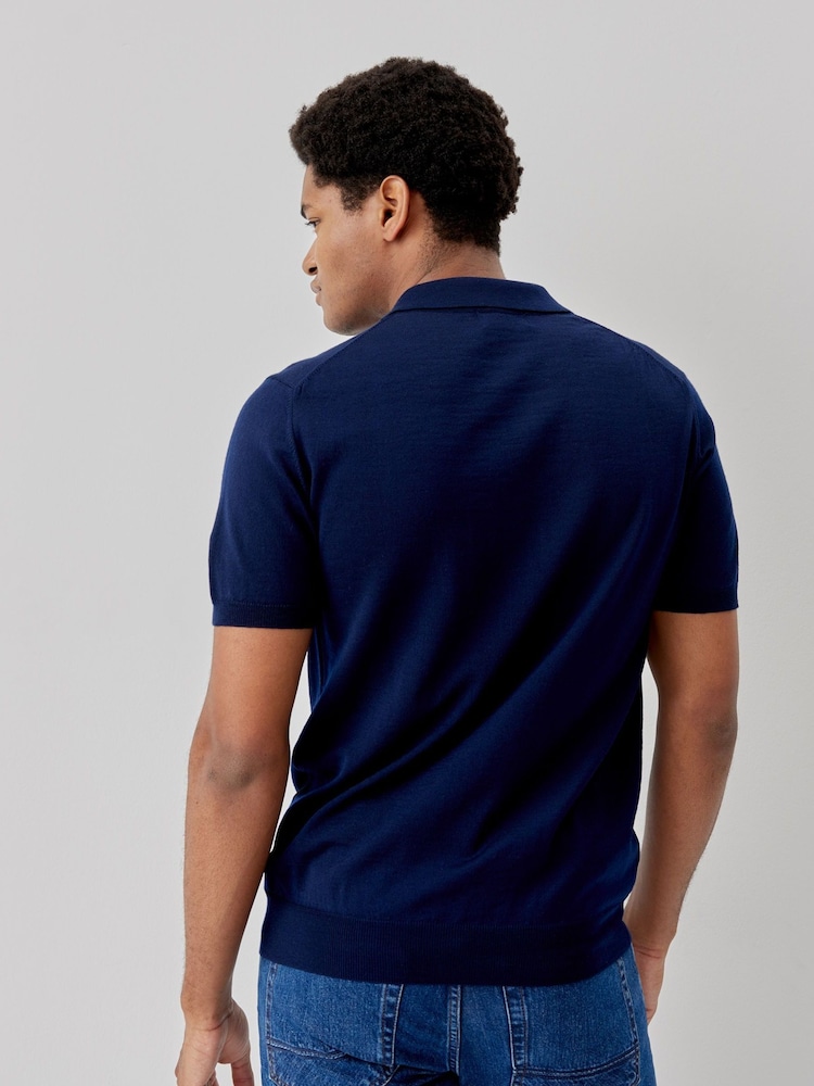 Oliver Sweeney Blue Covehithe Merino Wool Knitted Polo Shirt: - Image 2 of 10