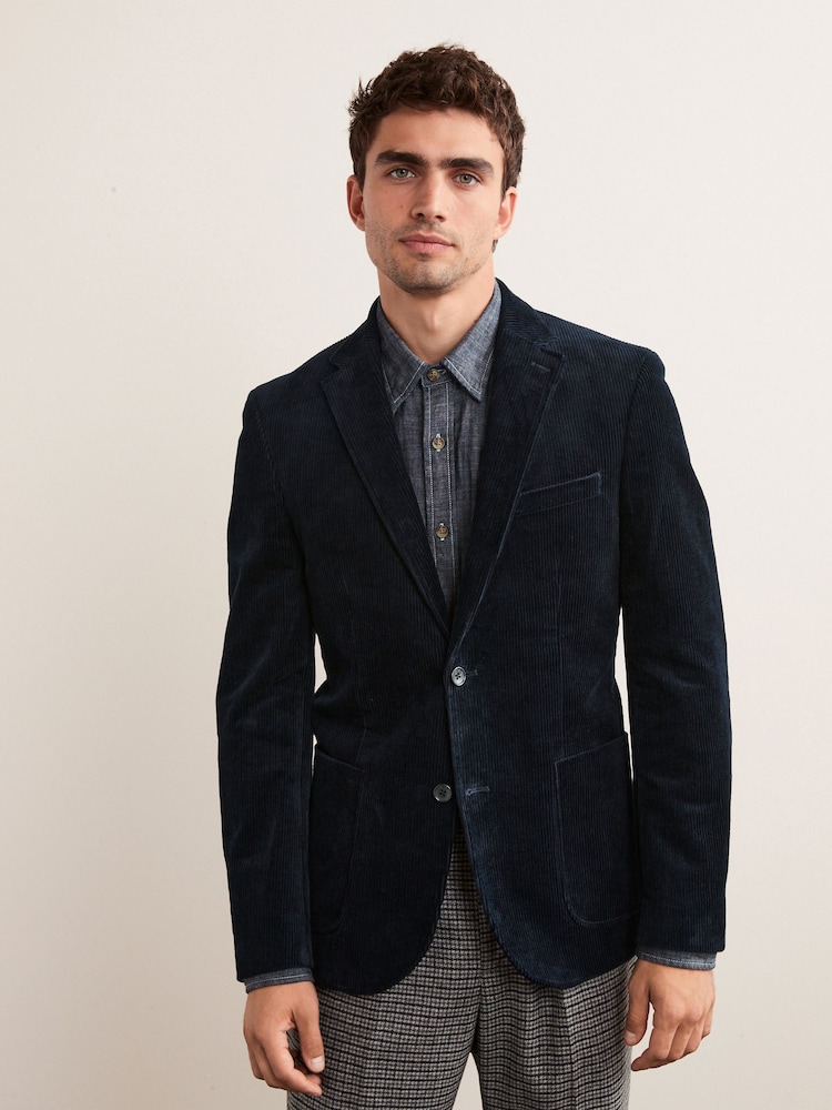 Navy Blue Slim Fit Corduroy Formal Jacket - Image 1 of 13