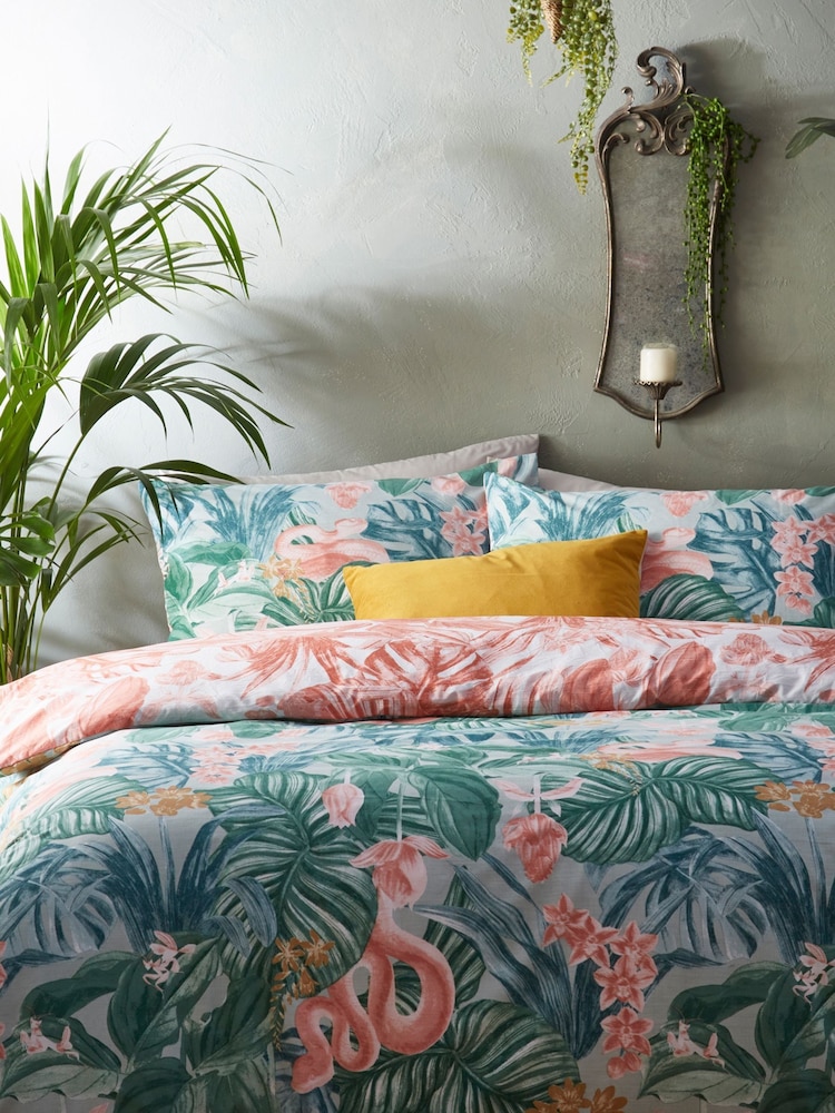 furn. Green Medinilla Tropical Reversible Duvet Cover And Pillowcase Set - Image 1 of 4