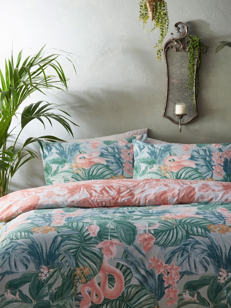 furn. Green Medinilla Tropical Reversible Duvet Cover And Pillowcase Set - Image 2 of 4