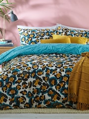 furn. Teal Blue Ayanna Leopard Reversible Duvet Cover and Pillowcase Set - Image 1 of 4