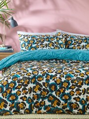 furn. Teal Blue Ayanna Leopard Reversible Duvet Cover and Pillowcase Set - Image 2 of 4