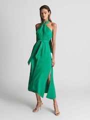 Reiss Green Evvie Tie Waist Halterneck Midi Dress - Image 1 of 6