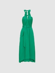 Reiss Green Evvie Tie Waist Halterneck Midi Dress - Image 2 of 6