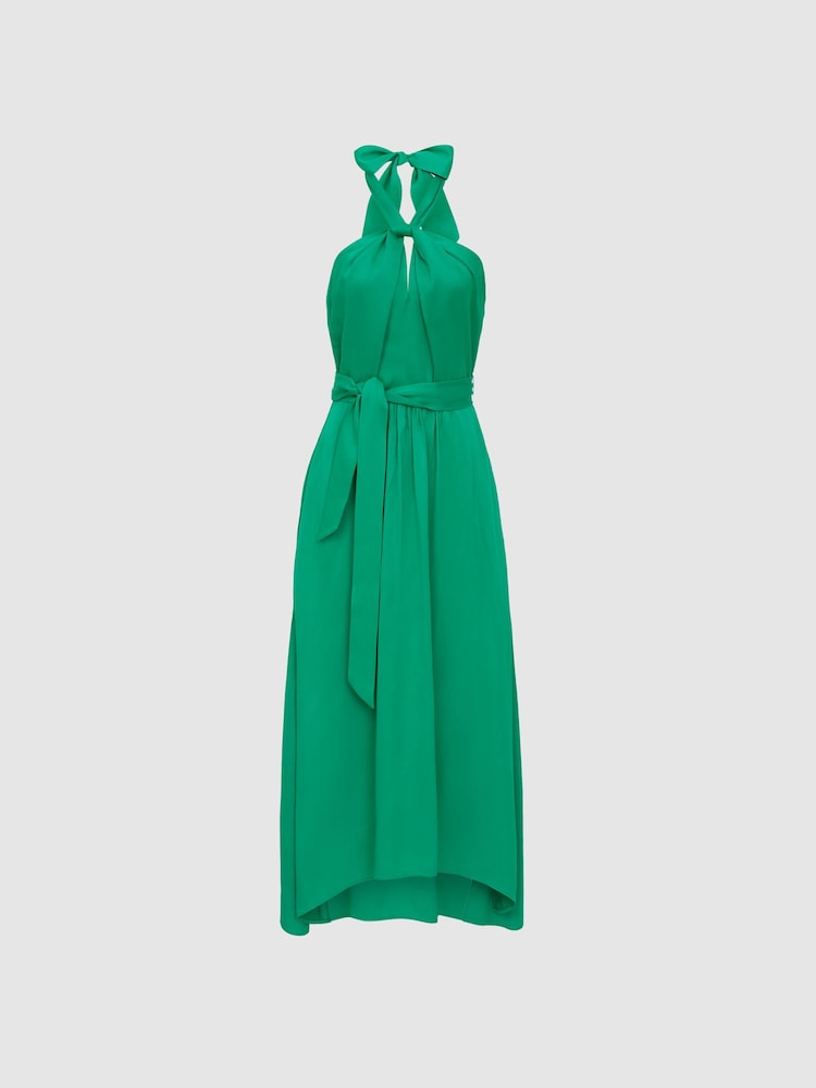Reiss Green Evvie Tie Waist Halterneck Midi Dress - Image 2 of 6