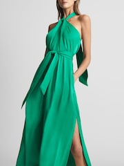 Reiss Green Evvie Tie Waist Halterneck Midi Dress - Image 3 of 6