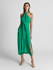 Reiss Green Evvie Tie Waist Halterneck Midi Dress - Image 4 of 6