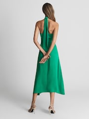 Reiss Green Evvie Tie Waist Halterneck Midi Dress - Image 5 of 6