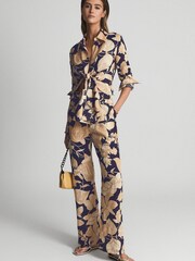 Reiss Navy Print Leo Printed Wide Leg Linen Trousers - Image 1 of 7