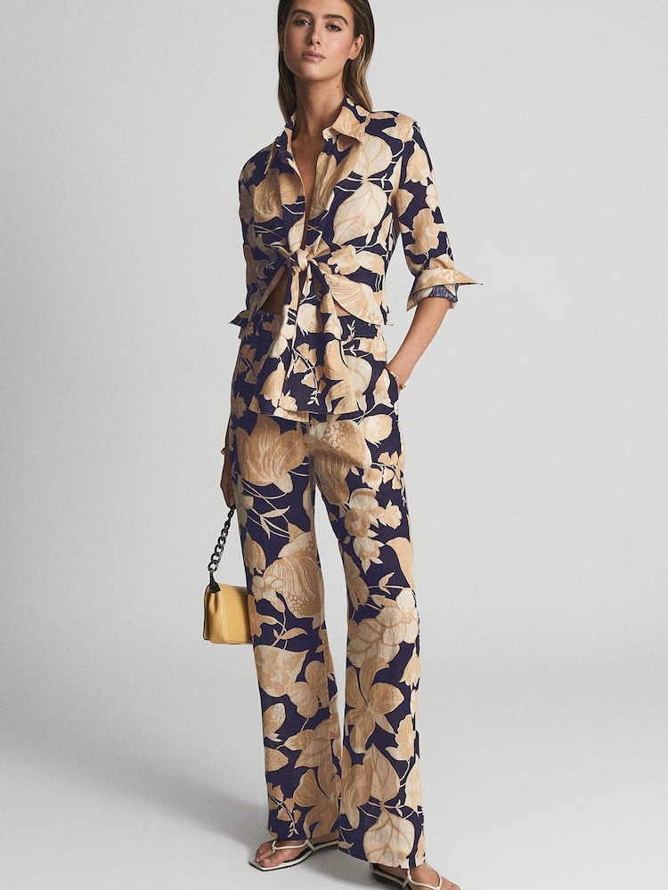 Reiss Navy Print Leo Printed Wide Leg Linen Trousers - Image 1 of 7