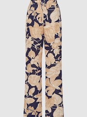 Reiss Navy Print Leo Printed Wide Leg Linen Trousers - Image 2 of 7