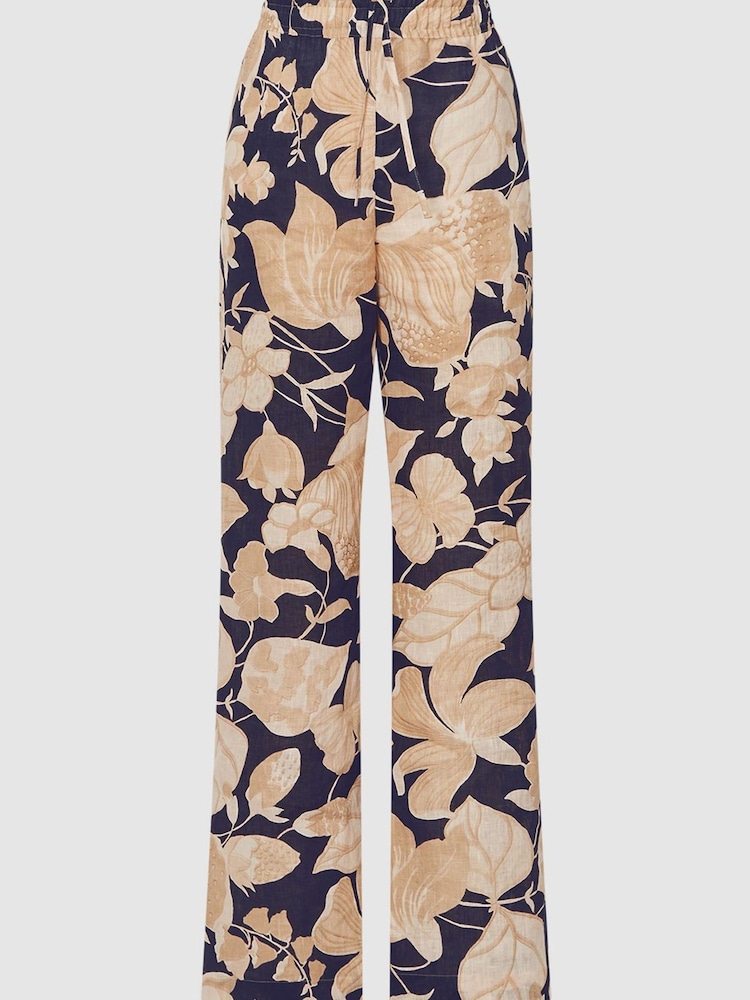 Reiss Navy Print Leo Printed Wide Leg Linen Trousers - Image 2 of 7
