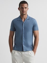 Reiss Steel Blue Caspa Mercerised Jersey Cuban Collar Shirt - Image 1 of 7